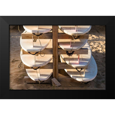 Canary Islands-Fuerteventura Island-Morro Jable-Playa del Matorral beach-surfboards Black Modern Wood Framed Art Print by Bibikow, Walter