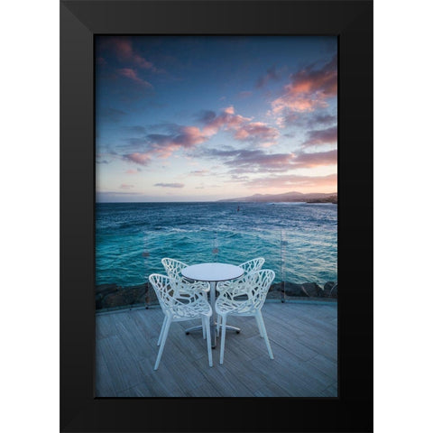 Canary Islands-Fuerteventura Island-Caleta de Fuste-Puerto Deportivo-harbor cafe-dusk Black Modern Wood Framed Art Print by Bibikow, Walter