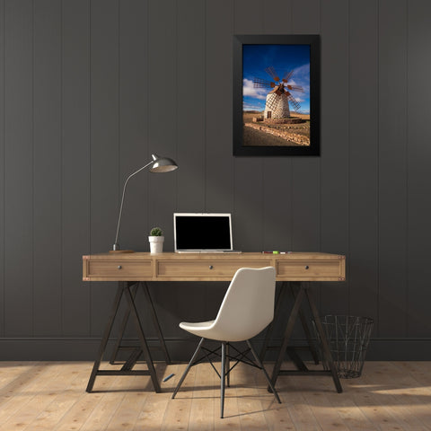 Canary Islands-Fuerteventura Island-Tindaya-traditional island windmill Black Modern Wood Framed Art Print by Bibikow, Walter