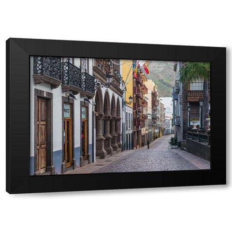 Canary Islands-La Palma Island-Santa Cruz de la Palma-Calle ODaly-street at dusk Black Modern Wood Framed Art Print by Bibikow, Walter