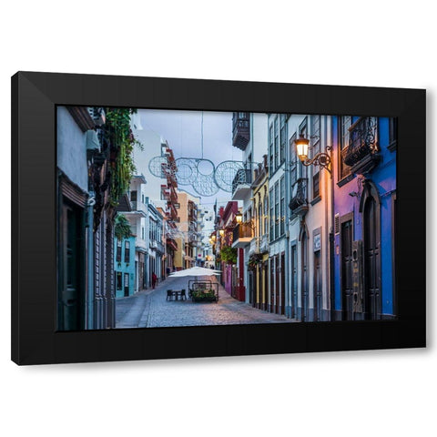 Canary Islands-La Palma Island-Santa Cruz de la Palma-Calle ODaly-street at dusk Black Modern Wood Framed Art Print with Double Matting by Bibikow, Walter