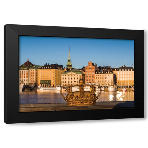 Sweden-Stockholm-Gamla Stan-Old Town-old town skyline and crown on the Skeppsholmsbron bridge Black Modern Wood Framed Art Print with Double Matting by Bibikow, Walter