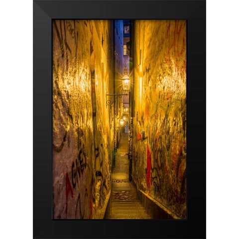 Sweden-Stockholm-Gamla Stan-Old Town-Marten Trotzigs Grand-narrowest street in Stockholm-evening Black Modern Wood Framed Art Print by Bibikow, Walter