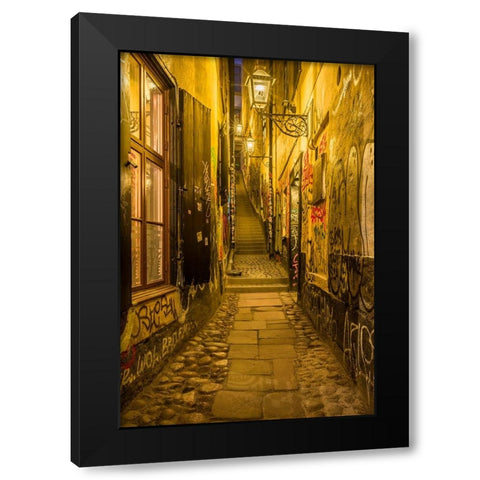 Sweden-Stockholm-Gamla Stan-Old Town-Marten Trotzigs Grand-narrowest street in Stockholm-evening Black Modern Wood Framed Art Print by Bibikow, Walter