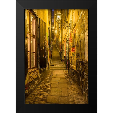 Sweden-Stockholm-Gamla Stan-Old Town-Marten Trotzigs Grand-narrowest street in Stockholm-evening Black Modern Wood Framed Art Print by Bibikow, Walter