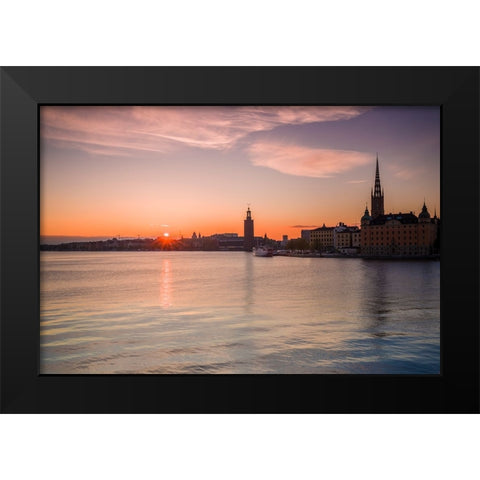 Sweden-Stockholm-Stockholm City Hall and Riddarholmen church-sunset Black Modern Wood Framed Art Print by Bibikow, Walter