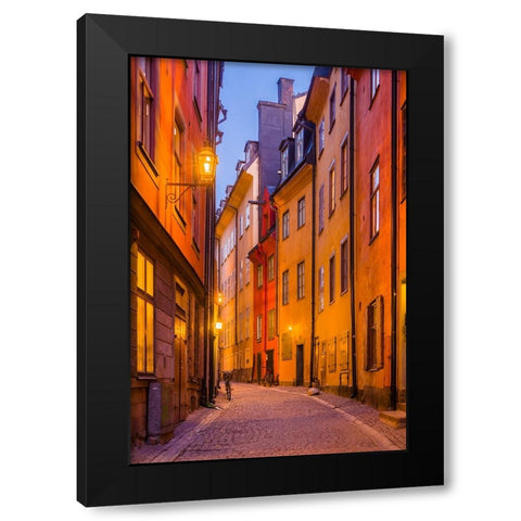 Sweden-Stockholm-Gamla Stan-Old Town-Royal Palace-old town street-dusk Black Modern Wood Framed Art Print by Bibikow, Walter