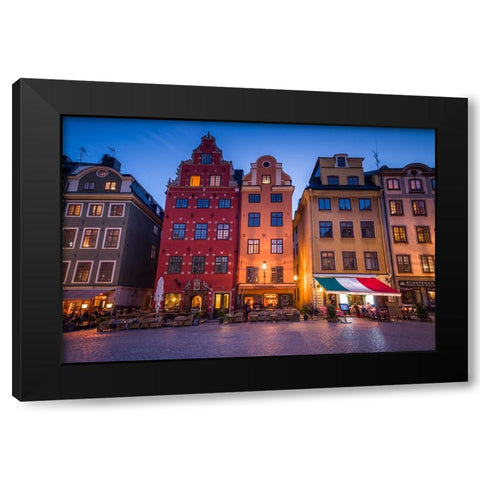 Sweden-Stockholm-Gamla Stan-Old Town-buildings of the Stortorget Square-dusk Black Modern Wood Framed Art Print by Bibikow, Walter