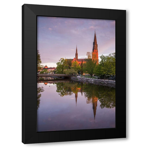 Sweden-Central Sweden-Uppsala-Domkyrka Cathedral-reflection-dusk Black Modern Wood Framed Art Print with Double Matting by Bibikow, Walter