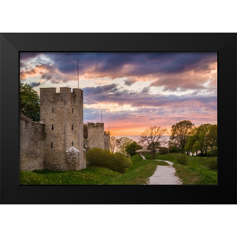 Sweden-Gotland Island-Visby-12th century city wall-most complete medieval city wall in Europe-sunse Black Modern Wood Framed Art Print by Bibikow, Walter
