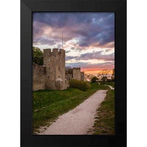 Sweden-Gotland Island-Visby-12th century city wall-most complete medieval city wall in Europe-sunse Black Modern Wood Framed Art Print by Bibikow, Walter