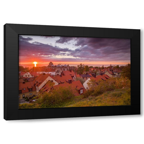 Sweden-Gotland Island-Visby-high angle city view-dusk Black Modern Wood Framed Art Print by Bibikow, Walter