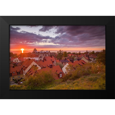Sweden-Gotland Island-Visby-high angle city view-dusk Black Modern Wood Framed Art Print by Bibikow, Walter