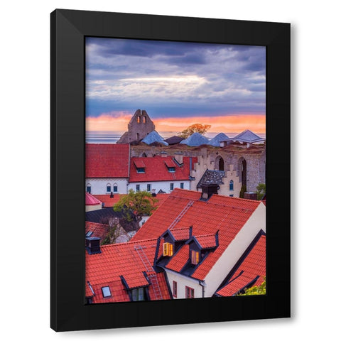 Sweden-Gotland Island-Visby-high angle city view-dusk Black Modern Wood Framed Art Print by Bibikow, Walter