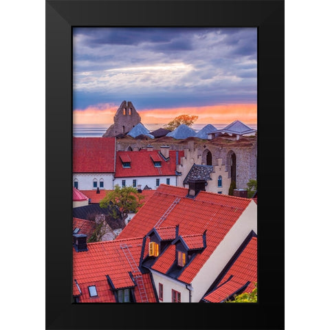 Sweden-Gotland Island-Visby-high angle city view-dusk Black Modern Wood Framed Art Print by Bibikow, Walter