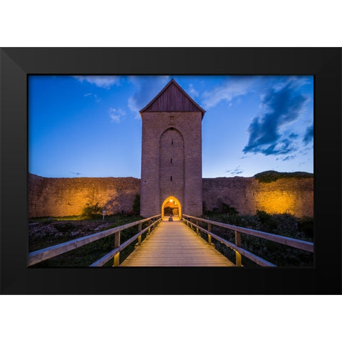 Sweden-Gotland Island-Visby-12th century city wall-most complete medieval city wall in Europe-Oster Black Modern Wood Framed Art Print by Bibikow, Walter