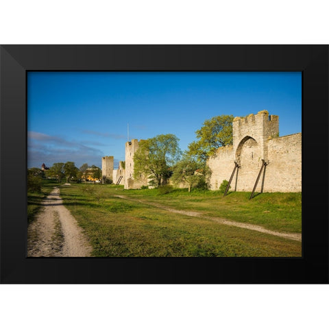 Sweden-Gotland Island-Visby-12th century city wall-most complete medieval city wall in Europe Black Modern Wood Framed Art Print by Bibikow, Walter