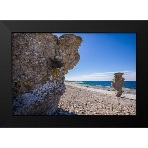 Sweden-Faro Island-Langhammars Area-Langhammar coastal limestone rauk rock Black Modern Wood Framed Art Print by Bibikow, Walter