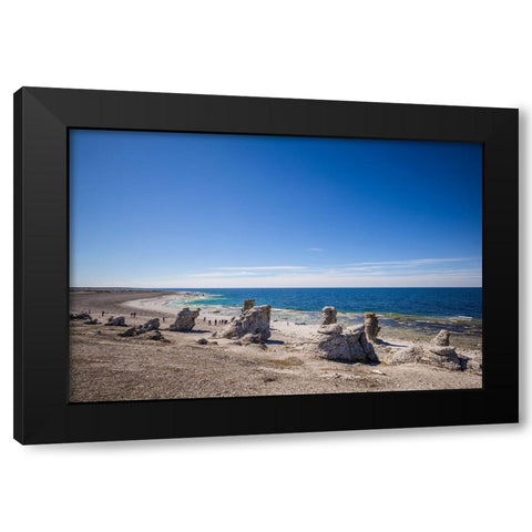 Sweden-Faro Island-Langhammars Area-Langhammar coastal limestone rauk rocks with visitors Black Modern Wood Framed Art Print by Bibikow, Walter