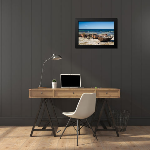 Sweden-Faro Island-Kursviken-coastal farmers fishing boats Black Modern Wood Framed Art Print by Bibikow, Walter