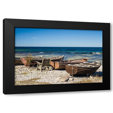 Sweden-Faro Island-Kursviken-coastal farmers fishing boats Black Modern Wood Framed Art Print with Double Matting by Bibikow, Walter