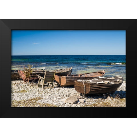 Sweden-Faro Island-Kursviken-coastal farmers fishing boats Black Modern Wood Framed Art Print by Bibikow, Walter