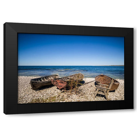 Sweden-Faro Island-Kursviken-coastal farmers fishing boats Black Modern Wood Framed Art Print with Double Matting by Bibikow, Walter