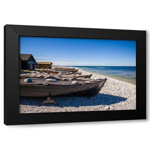 Sweden-Faro Island-Kursviken-coastal farmers fishing boats Black Modern Wood Framed Art Print with Double Matting by Bibikow, Walter