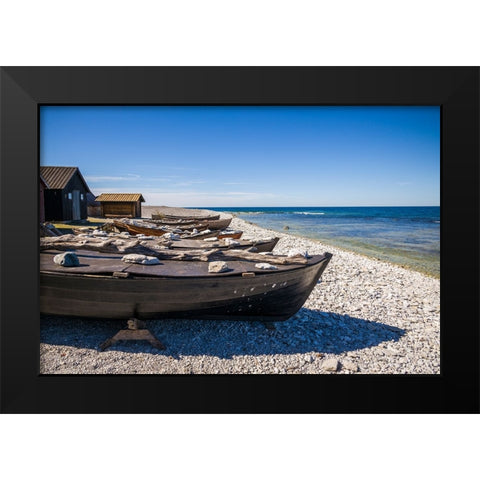 Sweden-Faro Island-Kursviken-coastal farmers fishing boats Black Modern Wood Framed Art Print by Bibikow, Walter