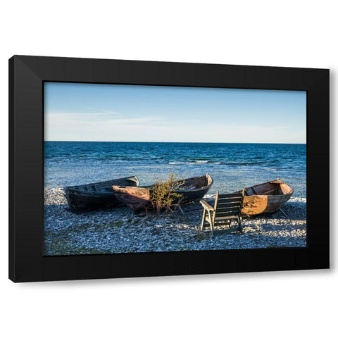 Sweden-Faro Island-Kursviken-coastal farmers fishing boats-sunset Black Modern Wood Framed Art Print by Bibikow, Walter