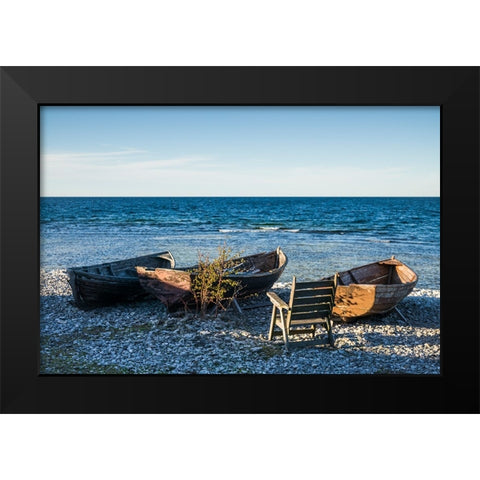 Sweden-Faro Island-Kursviken-coastal farmers fishing boats-sunset Black Modern Wood Framed Art Print by Bibikow, Walter