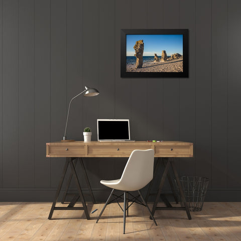 Sweden-Faro Island-Langhammars Area-Langhammar coastal limestone rauk rock-sunset Black Modern Wood Framed Art Print by Bibikow, Walter
