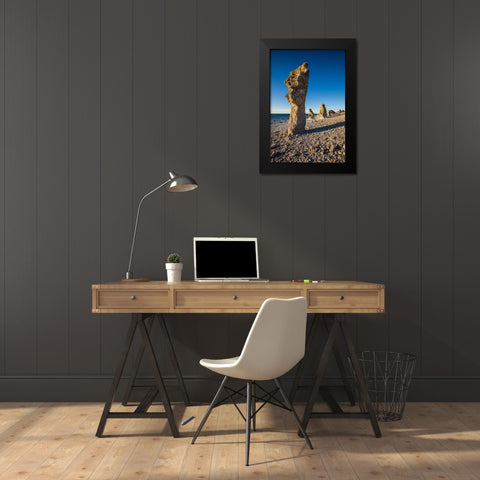 Sweden-Faro Island-Langhammars Area-Langhammar coastal limestone rauk rock-sunset Black Modern Wood Framed Art Print by Bibikow, Walter