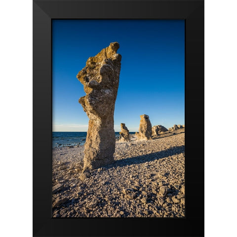 Sweden-Faro Island-Langhammars Area-Langhammar coastal limestone rauk rock-sunset Black Modern Wood Framed Art Print by Bibikow, Walter