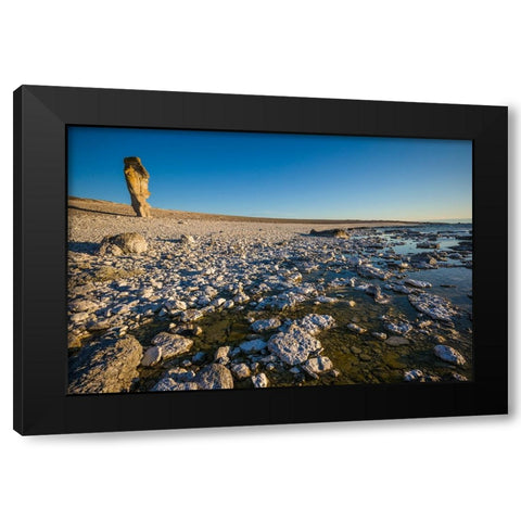 Sweden-Faro Island-Langhammars Area-Langhammar coastal limestone rauk rock-sunset Black Modern Wood Framed Art Print with Double Matting by Bibikow, Walter