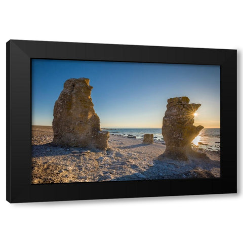 Sweden-Faro Island-Langhammars Area-Langhammar coastal limestone rauk rock-sunset Black Modern Wood Framed Art Print by Bibikow, Walter