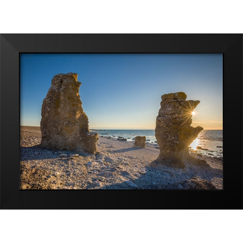 Sweden-Faro Island-Langhammars Area-Langhammar coastal limestone rauk rock-sunset Black Modern Wood Framed Art Print by Bibikow, Walter