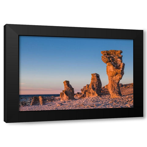 Sweden-Faro Island-Langhammars Area-Langhammar coastal limestone rauk rock-sunset Black Modern Wood Framed Art Print with Double Matting by Bibikow, Walter