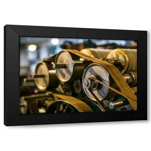 Sweden-Norrkoping-former mill town-19th century cloth loom pulleys Black Modern Wood Framed Art Print by Bibikow, Walter