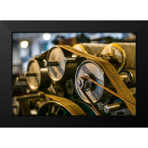 Sweden-Norrkoping-former mill town-19th century cloth loom pulleys Black Modern Wood Framed Art Print by Bibikow, Walter
