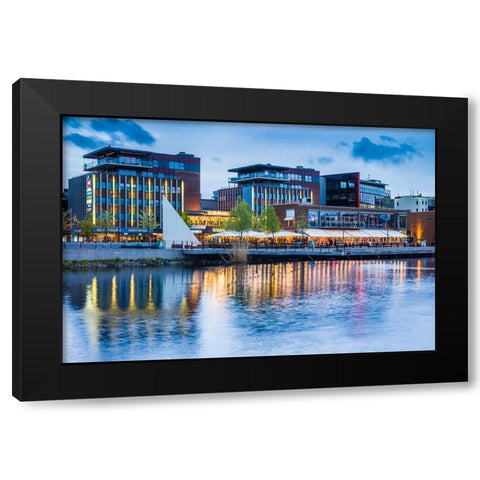 Sweden-Lake Vattern Area-Jonkoping-renovated harbor area along Munksjon Bay-dusk Black Modern Wood Framed Art Print by Bibikow, Walter