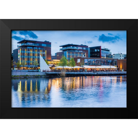 Sweden-Lake Vattern Area-Jonkoping-renovated harbor area along Munksjon Bay-dusk Black Modern Wood Framed Art Print by Bibikow, Walter
