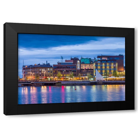 Sweden-Lake Vattern Area-Jonkoping-renovated harbor area along Munksjon Bay-dusk Black Modern Wood Framed Art Print by Bibikow, Walter