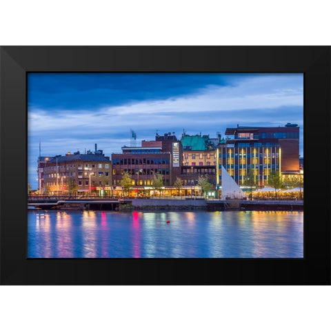 Sweden-Lake Vattern Area-Jonkoping-renovated harbor area along Munksjon Bay-dusk Black Modern Wood Framed Art Print by Bibikow, Walter