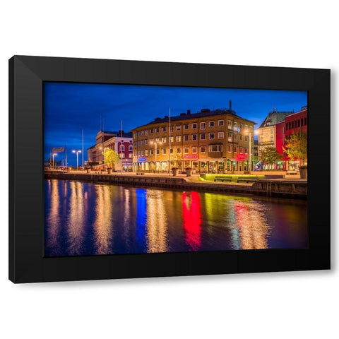 Sweden-Lake Vattern Area-Jonkoping-renovated harbor area along Munksjon Bay-dusk Black Modern Wood Framed Art Print with Double Matting by Bibikow, Walter