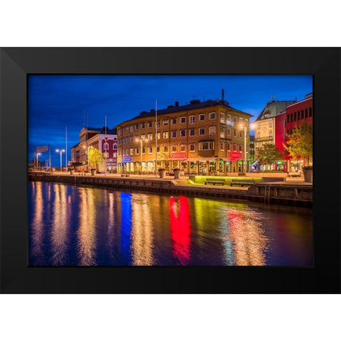 Sweden-Lake Vattern Area-Jonkoping-renovated harbor area along Munksjon Bay-dusk Black Modern Wood Framed Art Print by Bibikow, Walter