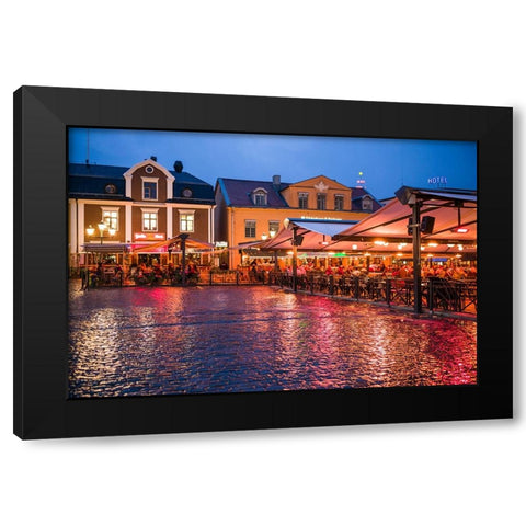 Sweden-Linkoping-cafes and bars on Stora target square-dusk Black Modern Wood Framed Art Print with Double Matting by Bibikow, Walter