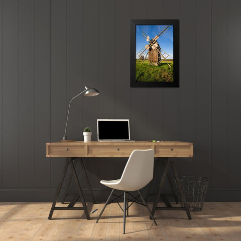 Sweden-Oland Island-Lerkaka-antique wooden windmills Black Modern Wood Framed Art Print by Bibikow, Walter