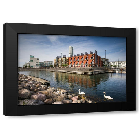 Sweden-Scania-Malmo-Turning Torso building-designed by architect Santiago Calatrava-2005 with Vastr Black Modern Wood Framed Art Print by Bibikow, Walter