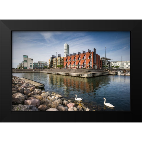 Sweden-Scania-Malmo-Turning Torso building-designed by architect Santiago Calatrava-2005 with Vastr Black Modern Wood Framed Art Print by Bibikow, Walter